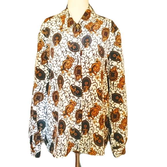 VINTAGE BLOUSE SHIRT LONG SLEEVE SZ 14 GOLD BEIGE BROWN GREEN RED BRASS BUTTONS - Picture 2 of 13